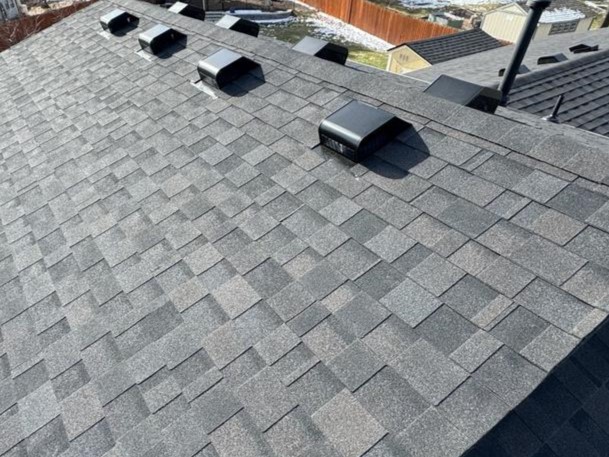 Close-up of an asphalt shingle roof, representing residential roofing services by Road Home Exteriors in Highlands Ranch, Colorado.