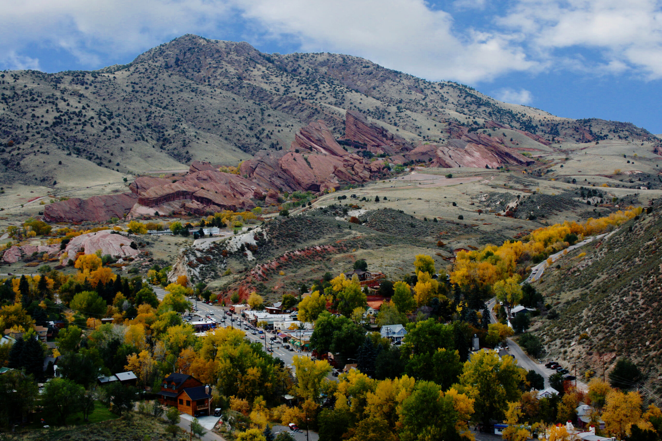Scenic view of Morrison, Colorado with mountain backdrop and small-town charm