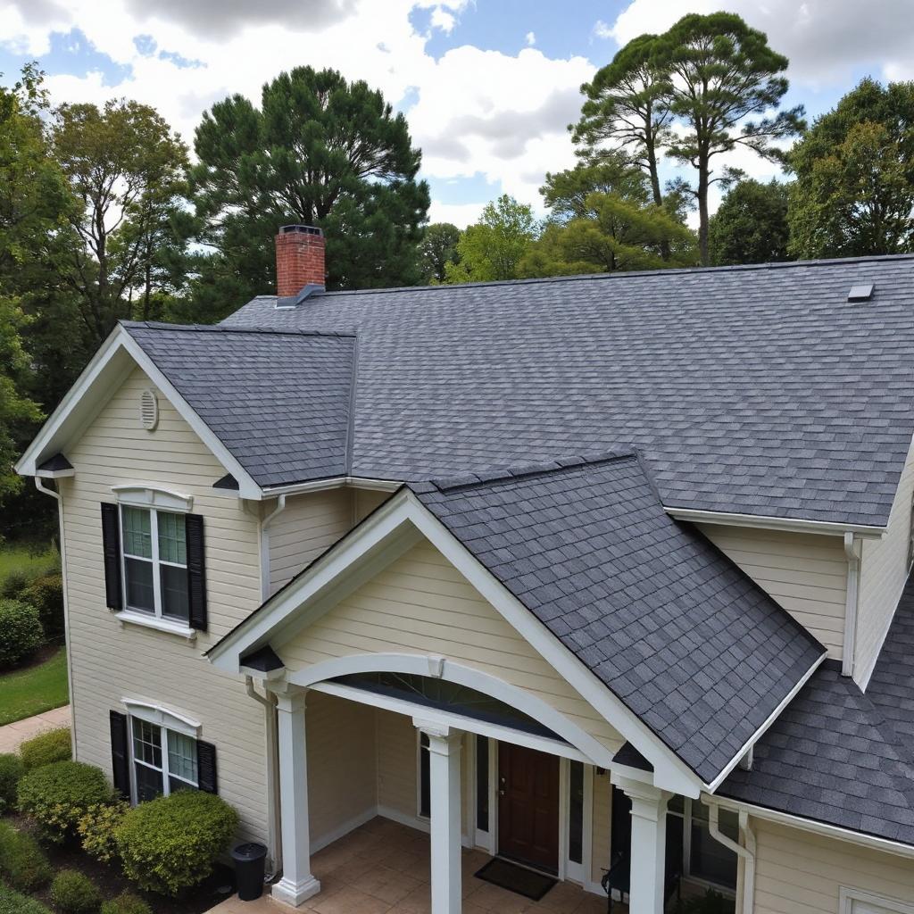 Residential roof with new shingles under clear Colorado sky in Morrison area