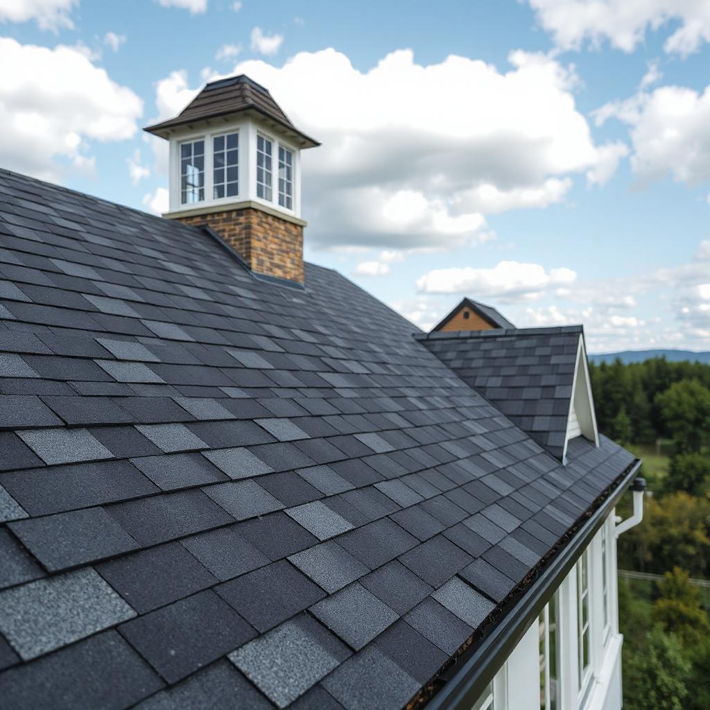 Close-up of a newly installed asphalt shingle roof on a residential home in Louisville, Colorado