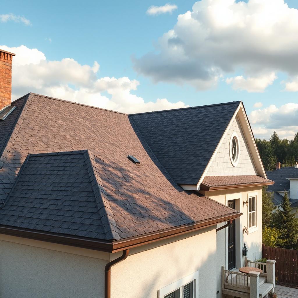 Close-up of a new asphalt shingle roof on a home in Commerce City, Colorado