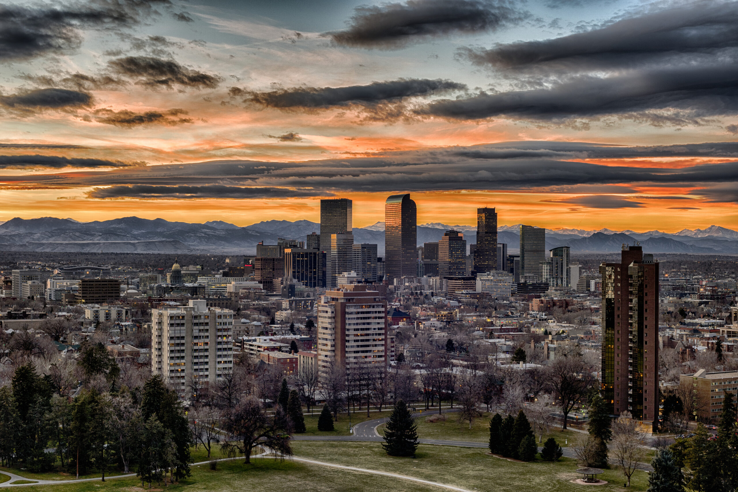 View of Denver, Colorado with residential homes in the foreground