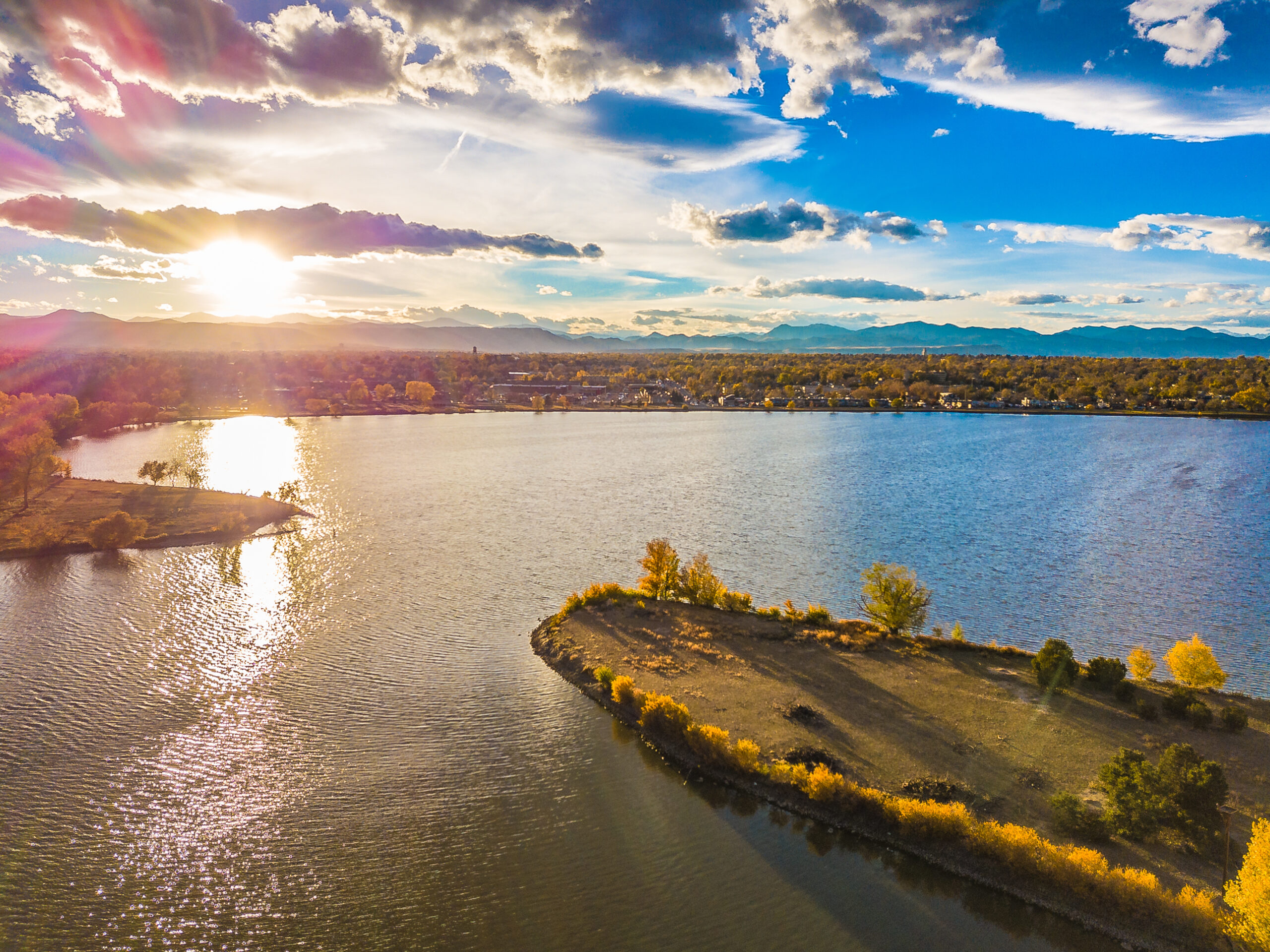 Scenic view of Edgewater, Colorado with residential homes and city skyline