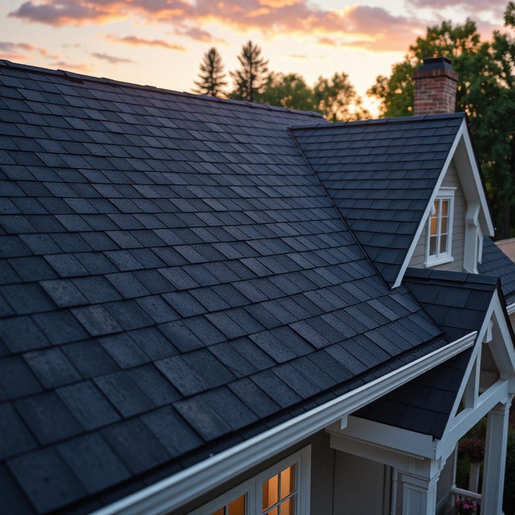 Close-up view of a newly installed asphalt shingle roof on a residential home in Englewood, Colorado