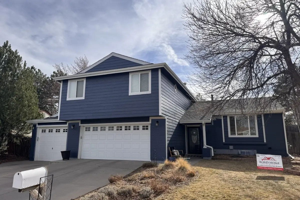 Before and after LP SmartSide siding replacement project on a Colorado home